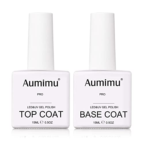 AUMIMU 15ml Gel Nail Polish Top and Base Coat- No Wipe Gel Top Coat and Base Coat Gel Nail Polish Set 15ml, Soak Off Nail Lamp Gel Polish Nail Ar
