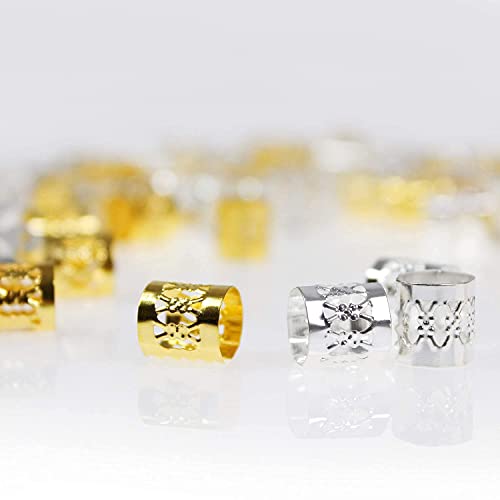 Beayuer 100 Pieces Hair Jewelry Rings Hair Decorations, Aluminum Dreadlocks beads Metal Cuffs, Including 50 Pcs Gold and 50 Pcs Silver Hair Decor