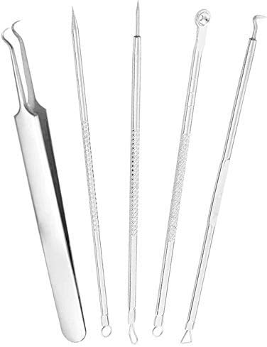 Blackhead Remover Tool Kit Comedone Extractor, Karpo 5 in1 Blackhead Cleaner Tweezers Kit, Curved Professional Stainless Pimple Acne Blemish Remo