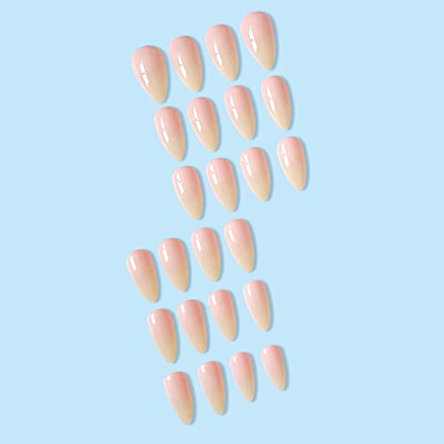 JUSTOTRY 24 Pcs Nude Short False Nails Almond,Gradient Pink Press on Nails Pattern,Glossy Fake Nails Short with Nail Glue,Oval Stick on Nails for