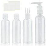 4-Pack 100ML Clear Travel Bottle Set, Spray Bottles,Refillable Liquid Containers for Lotion, Body Wash, Shampoo with 2 Pcs Labels