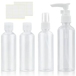 4-Pack 100ML Clear Travel Bottle Set, Spray Bottles,Refillable Liquid Containers for Lotion, Body Wash, Shampoo with 2 Pcs Labels