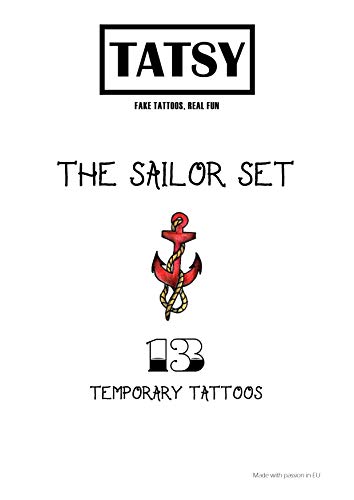 Sailor Seaman Marine Temporary Tattoo Set by Tatsy, Original Cool Unique Oldschool Design, Party Fun Tattoos, Fake Tattoo Body Art Cover Up for M