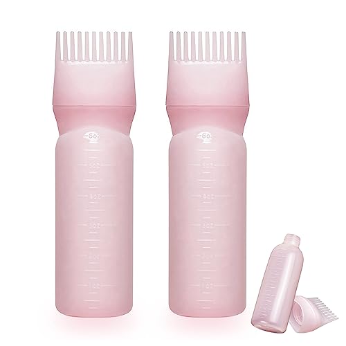 Shakeel 2 Pcs Hair Oil Applicator Bottle Hair Dye Brush Bottle for Hair 120ML Squeeze Comb Applicator Bottle with Graduated Scale (Pink)