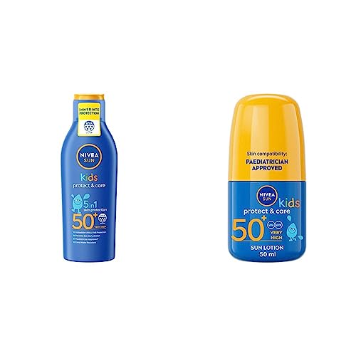 NIVEA SUN Kids Moisturising Sun Lotion SPF50+ (200 ml), Moisturising Suncream with SPF50+ & SUN Kids Protect & Care Caring Roll-On (50 ml) Sunscr