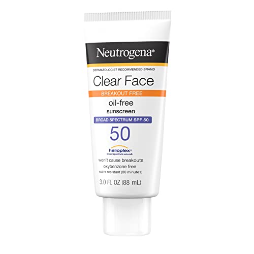 Neutrogena Clear Face Liquid Lotion Sunscreen for Acne-Prone Skin, Broad Spectrum SPF 50 UVA/UVB Protection, Fragrance & Oxybenzone Free Facial,