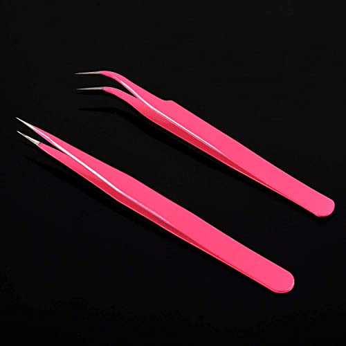 Geviro 2 Pieces Nail Art Tweezers Straight and Curved Tip Tweezers False Eyelash Rhinestone Picker Pointed Tweezers Makeup Tools
