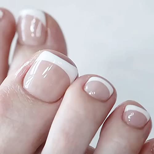 Glitter French False Toenails, Acrylic Press on Toe Nails, White Fake Toe Nails with Glue Sticker Stick on Nails for Toe for Women and Girls Fash