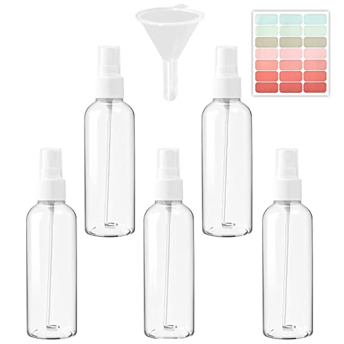 JETOP 5Pcs Spray Bottles,Clear Small Spray Bottle 100ml,Reusable Empty Spray Bottle,Fine Mist Spray Bottle with Label&Funnel,Refillable Liquid Co