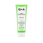 Q+A AHA Exfoliator Body Scrub for Rejuvenating Body Care, a blend of AHA’s Lactic Acid and Glycolic Acid combined with exfoliants, improves skin