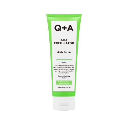 Q+A AHA Exfoliator Body Scrub for Rejuvenating Body Care, a blend of AHA’s Lactic Acid and Glycolic Acid combined with exfoliants, improves skin