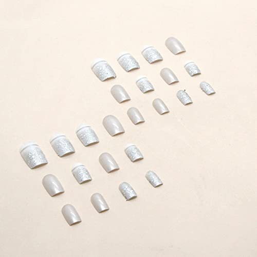 JUSTOTRY 24 Pcs Glitter Square False Nails Medium,Silvery French Press on Nails Pattern, Easy Fake Nails Short with Nail Glue, Stick on Nails for
