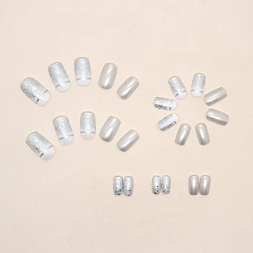 JUSTOTRY 24 Pcs Glitter Square False Nails Medium,Silvery French Press on Nails Pattern, Easy Fake Nails Short with Nail Glue, Stick on Nails for