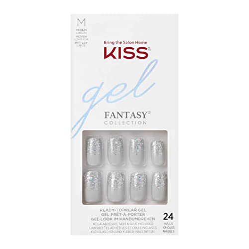 KISS Gel Fantasy Collection Glue-On Manicure Kit, Fanciful, Medium Length Square Fake Nails Includes 24 False Nails, Nail Glue, Nail File, and Ma