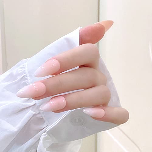 JUSTOTRY 24 Pcs Nude Short False Nails Almond,Gradient Pink Press on Nails Pattern,Glossy Fake Nails Short with Nail Glue,Oval Stick on Nails for
