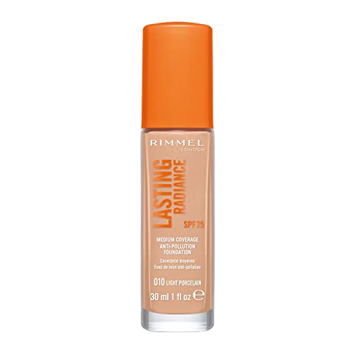 Rimmel Lasting Radiance Medium Coverage Anti Pollution Foundation, SPF 25, 010 Light Porcelain (Rimmel Wake Me Up Foundation Upgrade)