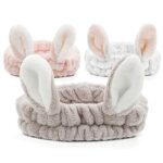 JOYOYO 3 Pcs Spa Headbands Bunny Ears Hair Bands Makeup Headbands Coral Fleece Elastic Headband Bath Shower Head Wraps for Women Girls, Washing F