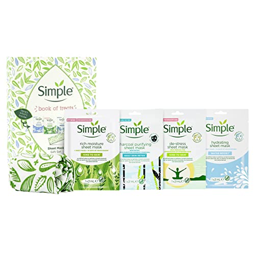 Simple Book of Treats Four Sheet Masks for every skin condition with a stretch head band Gift Set Festive gifts for Women 4 piece