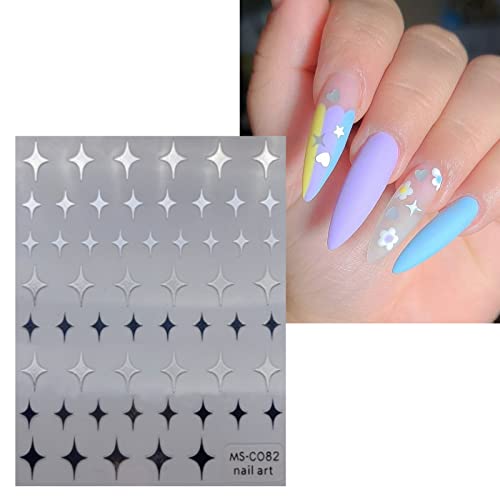 JMEOWIO 10 Sheets Colorful Star Nail Art Stickers Decals Self-Adhesive Platinum Black Silver Nail Supplies Nail Art Design Decoration Accessories