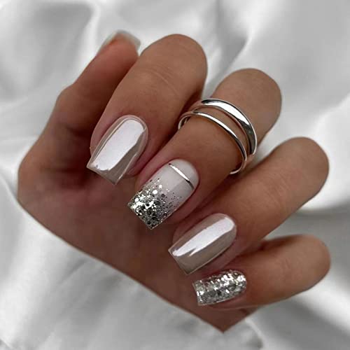 JUSTOTRY 24 Pcs Glitter Square False Nails Medium,Silvery French Press on Nails Pattern, Easy Fake Nails Short with Nail Glue, Stick on Nails for