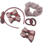 8 Piece Girls Gingham Hair School Set, Bow Clips Headbands, Hair Accessories for School, Scrunchies (Burgundy)