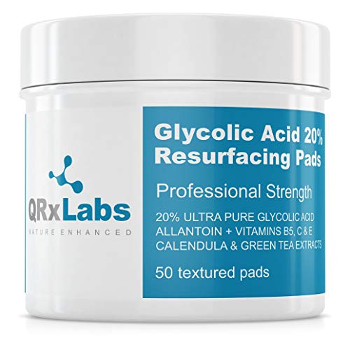 QRxLabs Glycolic Acid 20% Resurfacing Pads With Vitamins B5, C & E, Green Tea, Calendula, Allantoin - Exfoliates Surface Skin And Reduces Fine Li