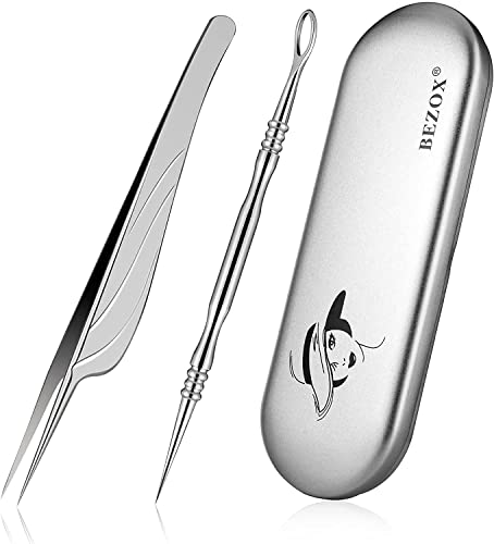 BEZOX Blackhead Remover Tools ALL Stainless Steel – Set of Blackhead Tweezers and Ance Needle with Comedone Extractor, High Temperature Disinfect