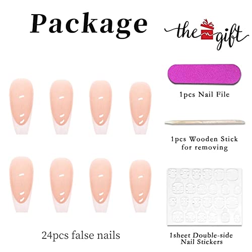 RUNRAYAY Medium Length French Tips Press on Nails with Designs, Nude White Acrylic Nails Press On, Stick on Nails for Women, Glue on Nails Fake N