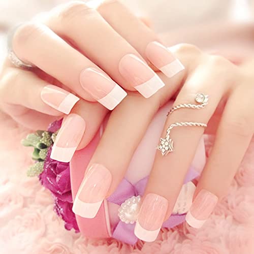 RUNRAYAY Medium Length French Tips Press on Nails with Designs, Nude White Acrylic Nails Press On, Stick on Nails for Women, Glue on Nails Fake N