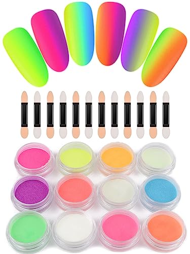 Kalolary 12 Boxes Neon Color Nail Powder Luminous Pigment Nail Powder, Acrylic Nail Powder Art Gradient Powder Rainbow Nail Glitter for DIY Nail