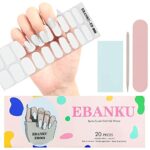 EBANKU Semi Cured Gel Nail Strips, 20 Stickers White Gel Nail Polish Stickers Wraps Adhesive Gel Nail Stickers with Nail File Stick and Sealing S