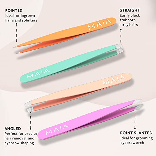 MAIA 6 Piece Professional Facial Hair Tweezers Set for Women - Eyebrow, Lash and Blackhead Remover Tool, Ingrown Hair, Flawless Hair Removal - Tr