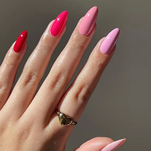 JUSTOTRY 24 Pcs Nude Short False Nails Almond,Gradient Pink Press on Nails Pattern,Glossy Fake Nails Short with Nail Glue,Oval Stick on Nails for