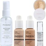 Phoera Foundation Full Coverage Makeup Set - Includes Nude & Buff Beige 30ml Matte Foundation, 6ml Face Primer, Cool Beige Setting Powder & 50ml