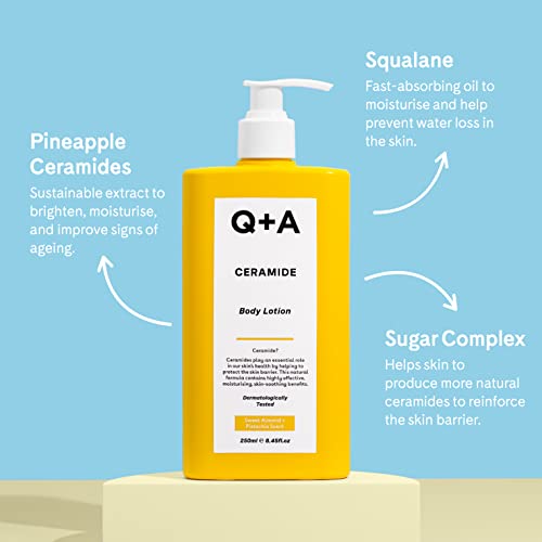 Q+A Ceramide Body Lotion, for Nourishing body care with Squalane, Pineapple Ceramides, and a barrier-protecting Sugar Complex, provides the deep