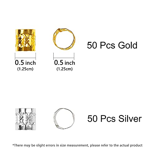 Beayuer 100 Pieces Hair Jewelry Rings Hair Decorations, Aluminum Dreadlocks beads Metal Cuffs, Including 50 Pcs Gold and 50 Pcs Silver Hair Decor