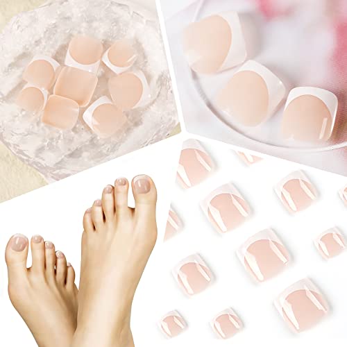 24pcs French False Toenails Tips Stick on Toenails Natural Press on Toenails Nude Short Fake Toe Nails for Women ToeNail Decorations (White)