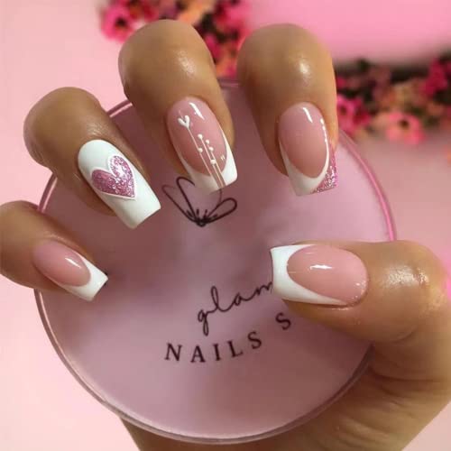 False Nails Medium Length, Acrylic French Stick on Nails, 24pcs Almond Pink Press On Nails with Glue Elegant Ballet Heart Design Sweet Fake Nails