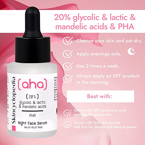 Skincyclopedia AHA Exfoliating Night Serum with 20% Lactic, Glycolic and Mandelic Acid and PHA - Chemical Peel Solution for Spots, Hyperpigmentat