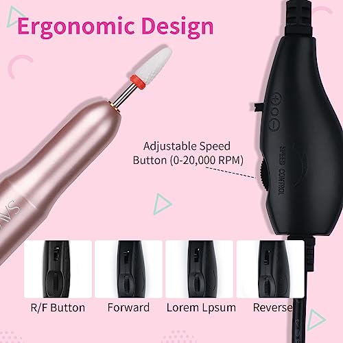 Saviland Electric Nail Drill - Electric Nail Files【Adjustable Speed】Nail Drill【Low Noise&Heat】Portable Nail Files , 20000 RPM with 7PCS Nail Dril