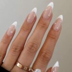 French False Nails, Press on Nails Medium Length, Acrylic White Tip Pearl Stick on Nails, 24pcs Almond False Nails with Glue Elegant Ballerina Fa