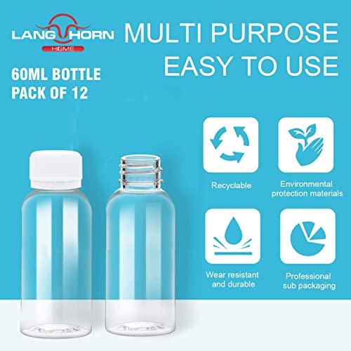 Lang Horn 12 Pack Plastic Travel Bottle with Screw Lids 60 ML Liquid Containers Toiletries Shower Bath Cosmetic Makeup Product Home Salon