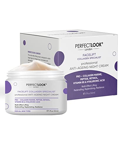 Perfect Look London Collagen Specialist, Night Face Cream with Collagen Marine, Peptide, Retinol, Hyaluronic Acid and Vitamin B5, Firm and Tone,
