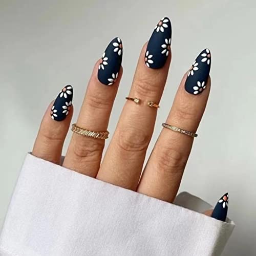 RUNRAYAY Medium Length French Tips Press on Nails with Designs, Nude White Acrylic Nails Press On, Stick on Nails for Women, Glue on Nails Fake N