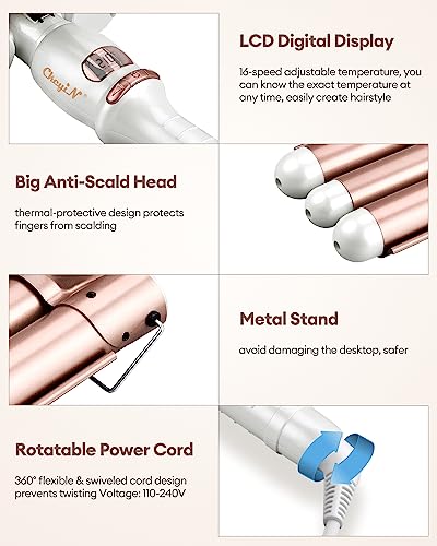 CkeyiN 3 Barrel Hair Waver, 32mm Mermaid Waver with LCD Display 16 Temperature, 30s PTC Fast Heating Waver Curling Wand for Long Short Hair, Prof