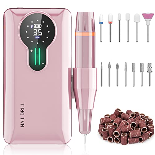 ENGERWALL Professional Rechargeable 35000 RPM Nail Drill, 20+ Hours Battery Life Portable Electric Nail File Kit with 13 Bits & 56 Sanding Bands