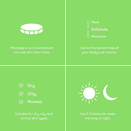 Q+A AHA Exfoliator Body Scrub for Rejuvenating Body Care, a blend of AHA’s Lactic Acid and Glycolic Acid combined with exfoliants, improves skin