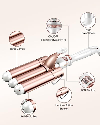 CkeyiN 3 Barrel Hair Waver, 32mm Mermaid Waver with LCD Display 16 Temperature, 30s PTC Fast Heating Waver Curling Wand for Long Short Hair, Prof