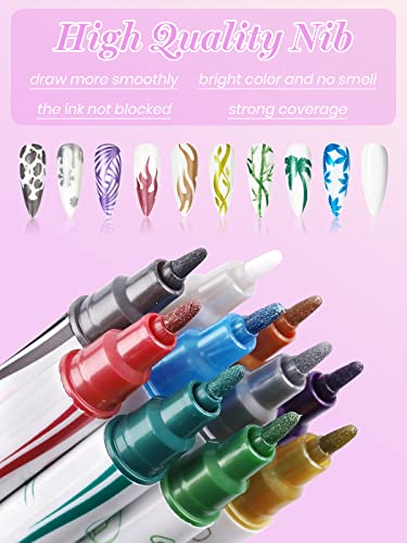 Kalolary 10pcs 3D Dual-Ended Nail Art Pens Set Metallic Nail Graffiti Drawing Pen Nail Polish Pen Fine Tip Manicure Tools for Painting Nails DIY