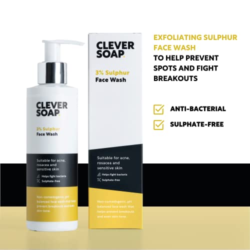 Clever Soap 3% Sulphur Face Wash - Exfoliating Blemish Control Cleanser - Suitable For Acne, Rosacea & Oily, Spot Prone Skin - Antibacterial, Sen